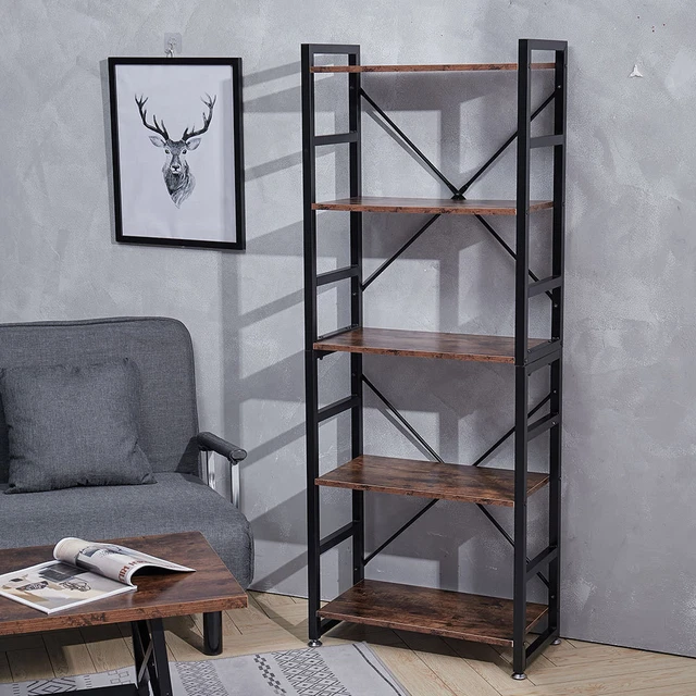 5 TIERS BOOKSHELF Bookcase Rustic Brown Shelving Unit Tall Ladder Shelf