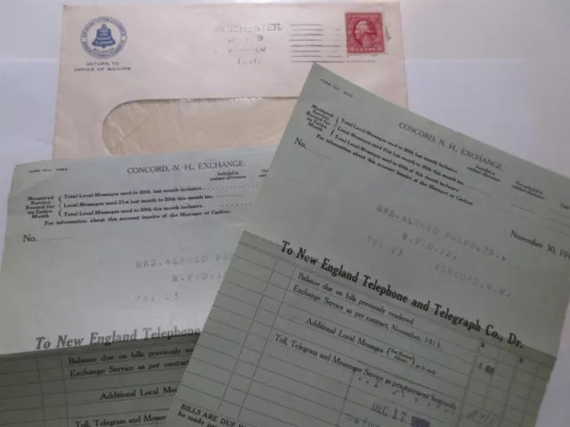 1913 New England Telephone & Telegraph Co statement bill and envelope
