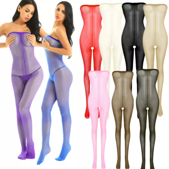 DE Damen glänzende Ganzkörper offenem Schritt Body Stocking Strumpfhosen Dessous