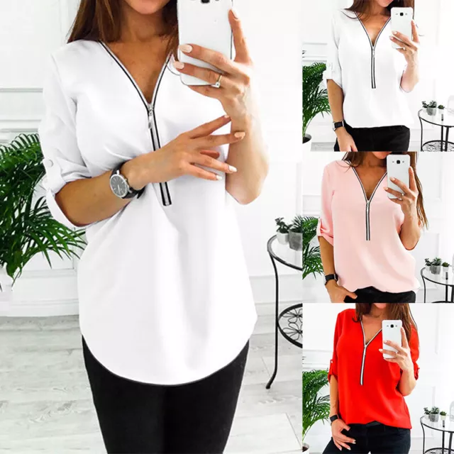 Womens V Neck Zipper Long Sleeve T-shirt Ladies Fashion Blouse Casual Loose Tops