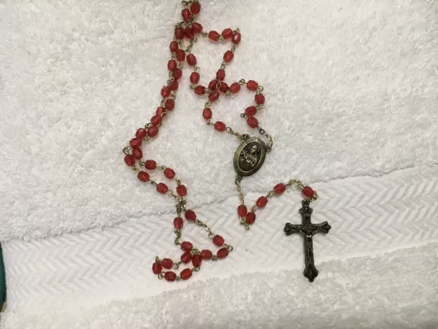 St Therese Red Plastic Bead Rosary Bronze Crucifix Vintage Catholic 21” Drop