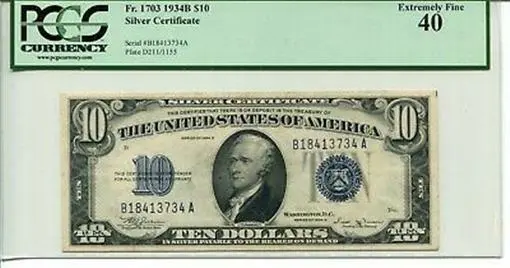 FR 1703 1934B $10 Silver Certificate 40 EXTREMELY FINE