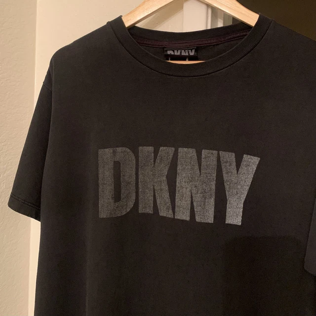 Vintage DKNY T Shirt 90s USA Made 3M Logo Spellout Faded Black Soft Flowy XL Fit