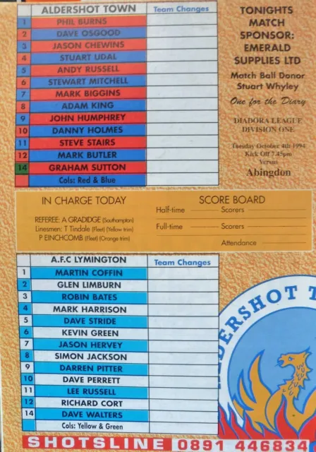 ALDERSHOT V AFC Lymington 27/9/1994 Hampshire Senior Cup - 1St Round # ...