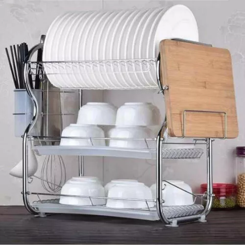 3 Tier Kitchen Dish Drainer Cutlery Cups Plates Holder Sink Draining Rack Tray