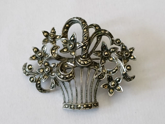 Ancienne Broche Argent Massif & Marcassite Vermeil Bijoux Vintage 10,4 g