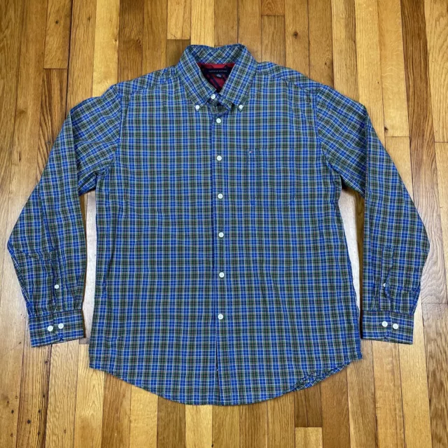 Long Sleeve Button Shirt TOMMY HILFIGER Blue Green Plaid Mens Large