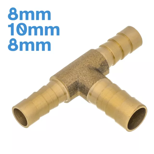 Brass 8mm - 10mm - 8mm 3 Way Barbed Tee Splitter Fitting Tubing Hose Connector