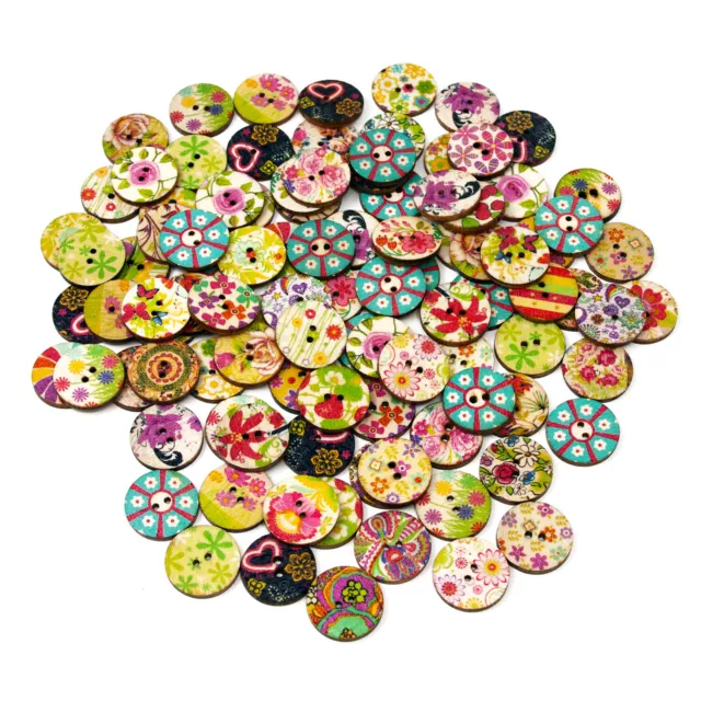 100 Stück Holzknöpfe Rund Buttons 20mm Blumen Nähen Kleidung Deko Basteln