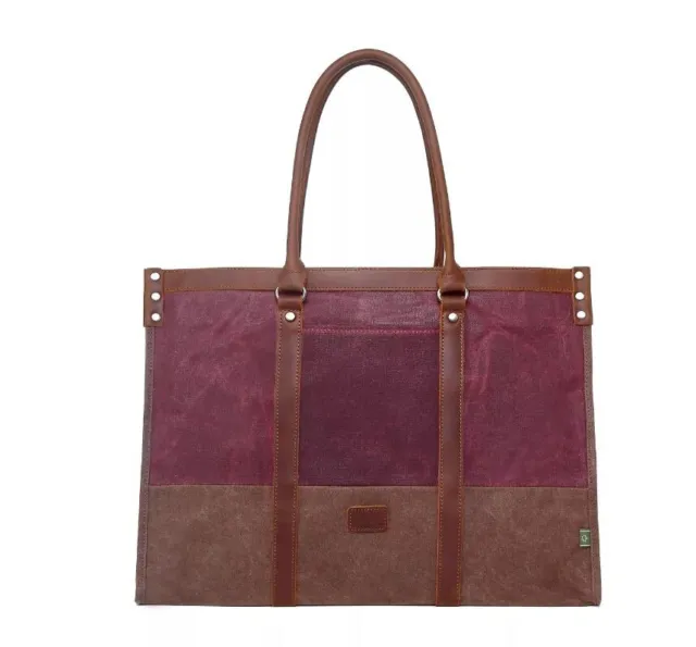 TSD BRAND Stone Creek waxed canvas and leather women's large tote bag -BURGUNDY