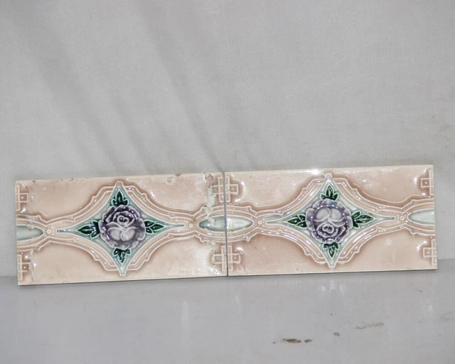 2 Pc Vintage Flower & Star Embossed Art Nouveau Architecture Tiles, Japan 10725