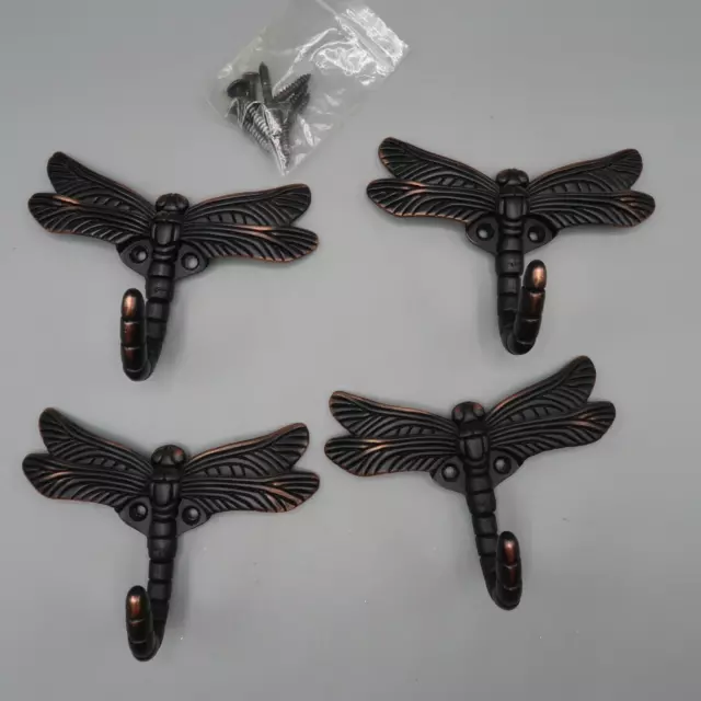 4 Dragonfly Wall Hooks Cast Iron Metal Brown Finish Set Lot Rustic Coat Hanger