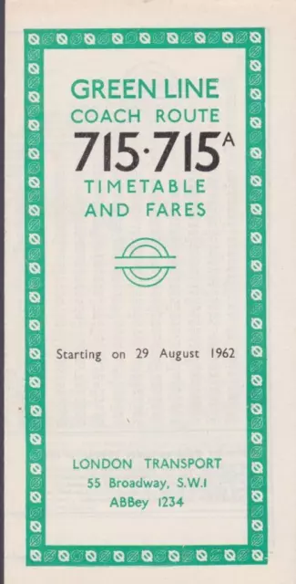 London Transport Green Line Coach Route 715 Bus Timetable Lft Aug 1962