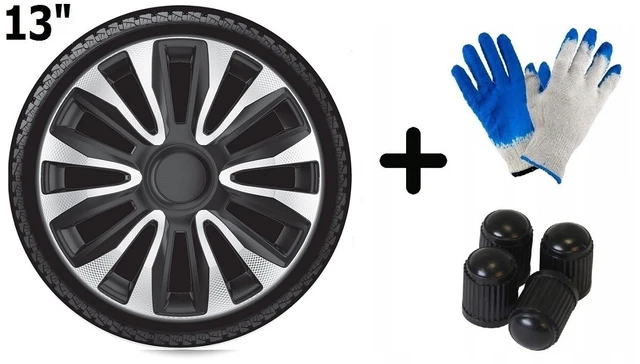 13" Avalone Carbon Silver Black wheel TRIMS car covers HUB CAPS set of 4 | 3112