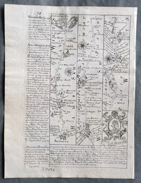 1720 Emmanuel Bowen Antique British Road Map, Andover Hamps. to Warminster Wilts