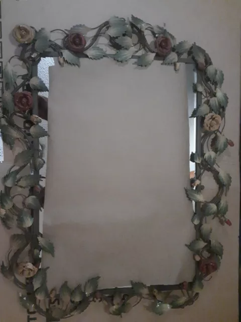 Vintage Wrought Iron Vines 30" X 39" Hanging Mirror 4" Rose Garden Cables / Buds