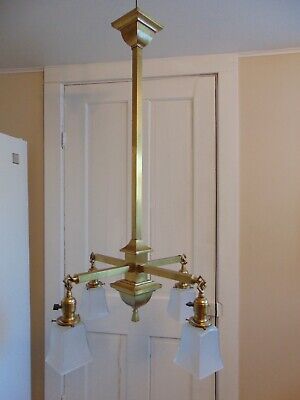 Antique Signed Beardslee 4 Arm Arts & Crafts Mission Brass Ceiling Fixture 1900s