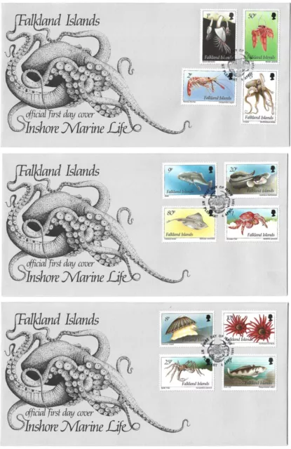 FDC 1994 Falkland Islands Inshore Marine Life Set of 12 on 3 First day Covers