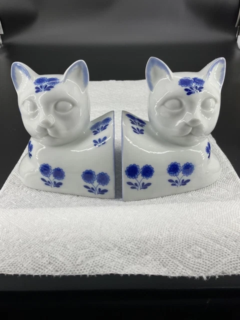 Ceramic Porcelain  Cat Bookends White with Cobalt Blue Accents