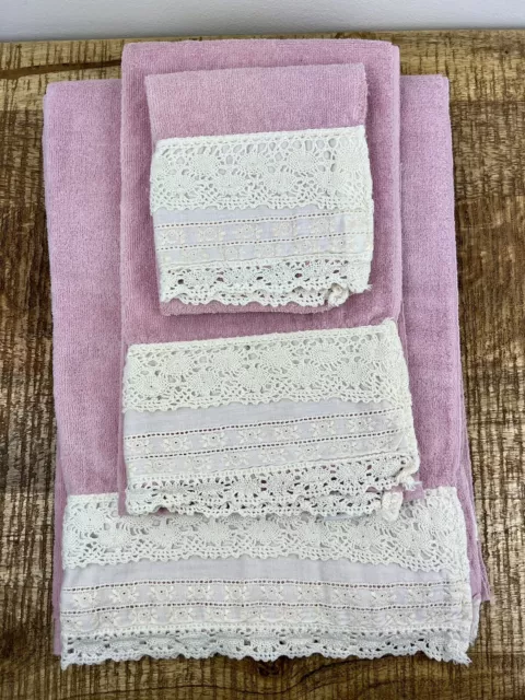 Vintage Guest Pink Towel Set Retro Decorative Bath Lace Crochet Trim 3 Piece Set