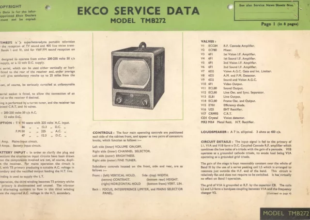 EKCO TMB272 Portable Television, Original service data (8 pages 33cm x 21cm appr