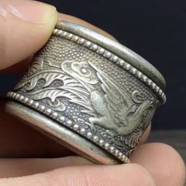 Old Chinese tibet silver handcarved Dragon Phoenix turn Ring Guangxu Mark g935