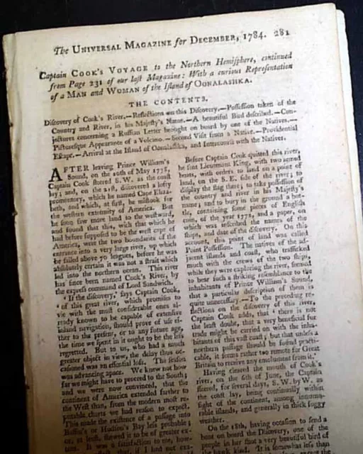 Captain James Cook Third Ship Voyage Prince William Sound w/ Print 1784 Magazine