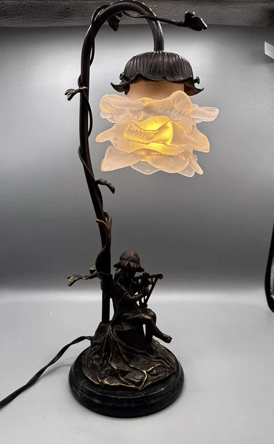 Andrea by Sadek Bronze Marble Base Cherub Girl Playing the Harp ￼￼Electric Lamp