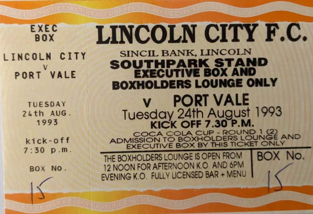 Lincoln City V Port Vale . Coca Cola Cup 24/08/93 . Matchday Ticket .