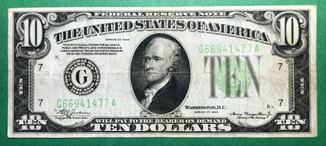 1934 -$10- Federal Reserve Note - Light Green Seal - Chicago, Il - Very Fine