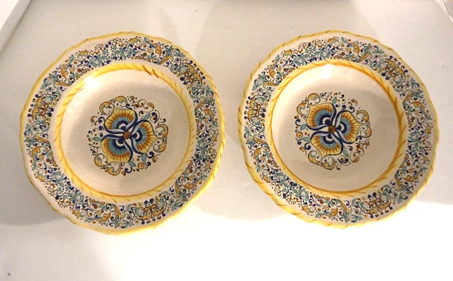 Meridiana Ceramiche Pasta Soup Rim Bowl 9.5" Italy Deruta Blue Yellow Set of 2