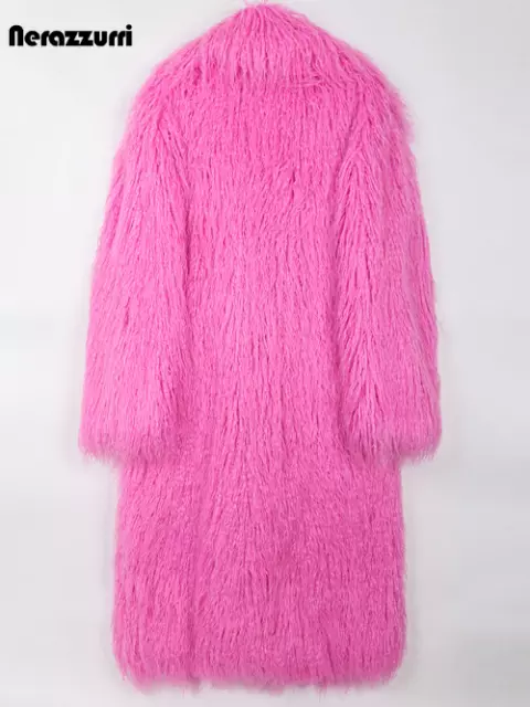 Winter Long Bright Pink Oversized Shaggy Hairy Fluffy Warm Faux Fur Coat Lapel 2