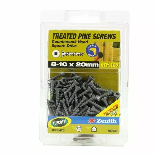 Zenith 8G x 20mm Tufcote® Countersunk Head Treated Pine Screws - 100 Pack
