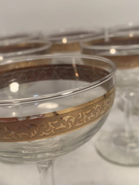 Set Of 6 Champagne Ornate  Gold Trimmed Glasses