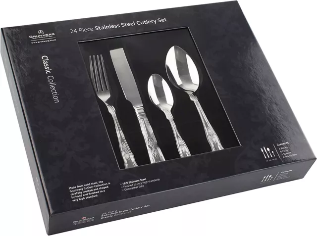 Stainless Steel Cutlery Set 24 Piece Dinner Grunwerg Boxed Classic Kings Pack