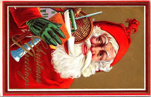 SANTA with Toys and Tennis Racket, CHRISTMAS Greetings Postcard