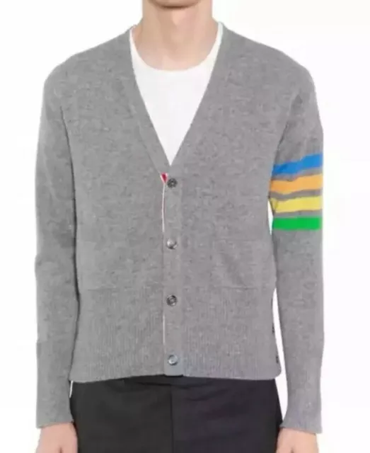Designer Thom Browne Luxury Cashmere Cardigan Sweater 4 Bar Rainbow 1 Small S
