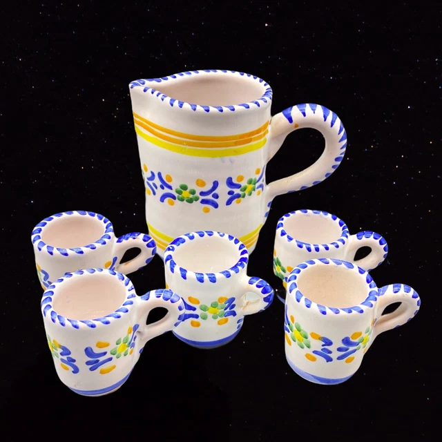 Vintage Hand-Painted Pottery Italian Pitcher Tumbler Jug Mini Set 6 Pcs 2