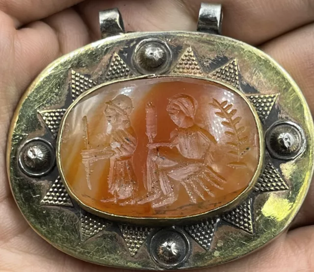 Wonderful Ancient  Roman King Agate Intaglio Stunning Brass Unique Pendant