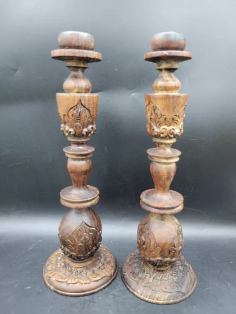 Antique Wood Carved Taper Candle Holder Candlesticks 12"