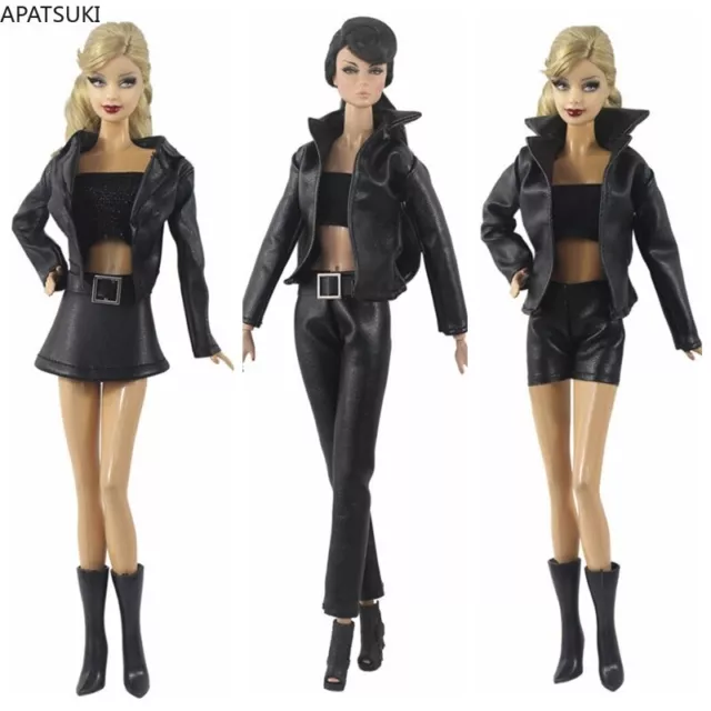 Black Fashion Leather Clothes For Barbie Doll Short Coat Jacket Skirt Top Boots