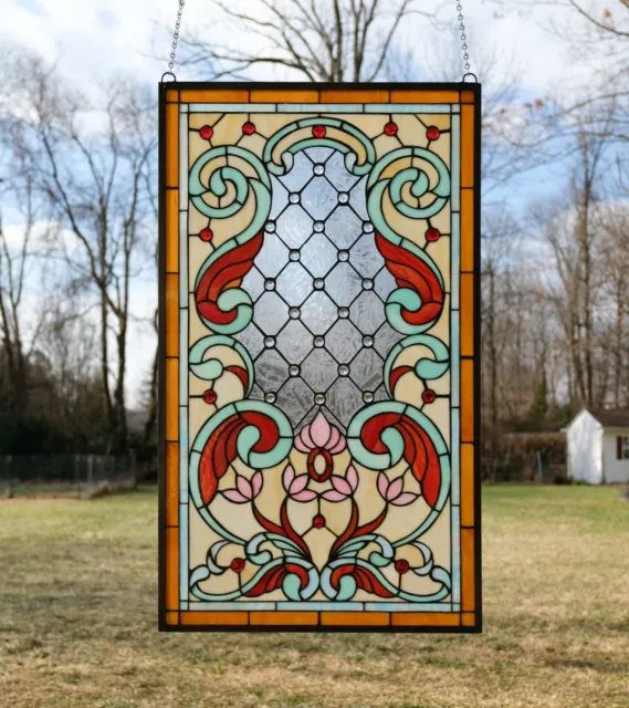 20.5"W x 34.5"H Handcrafted Jeweled stained glass window panel.