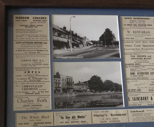 Framed Vintage Postcard Views of Woodford Bridge & Woodford Green + Period Ads