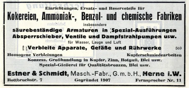 Estner & Schmidt Herne i.W. Maschinen- Fabrik G.m.b.H. Historische Reklame 1925