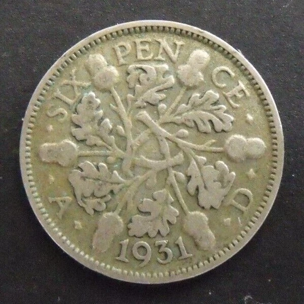 1931 GEORGE V SILVER SIXPENCE  ( 50% Silver )  British 6d Coin.   668
