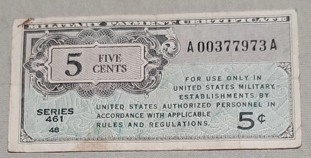USA MPC Military Payment Certificate 5 Cents Series 461 Plate # 48