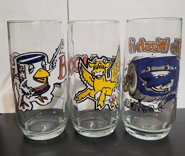 Set Of 3 Glasses For Ultramar Petroleum Gas Station~ 1980s ~ Cute Characters