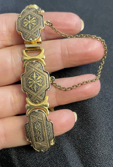 Bracelet Homme/femme En Or De Tolède – Motifs Géométriques – Avec Chaîne De Sécurité