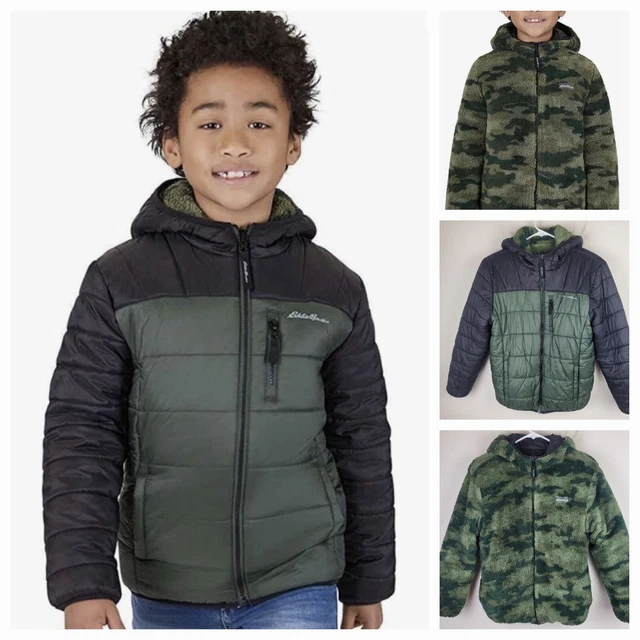 Eddie Bauer Jacket Kids Youth L Green Black Camo Reversible Hooded Puffer Coat