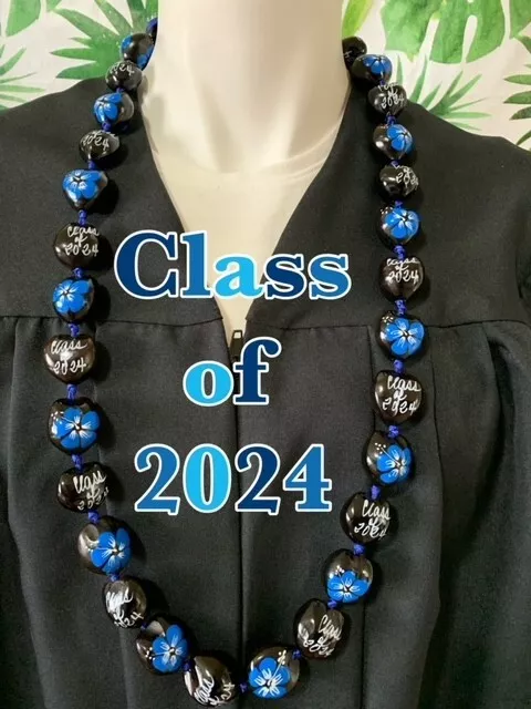 Hawaiian Kukui Nut Lei Class of 2024 Graduation Lei Necklace BLACK BLUE Hibiscus